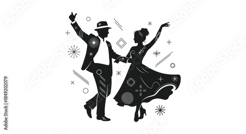 A joyful couple dancing with celebratory sparkles and geometric shapes a striking silhouette