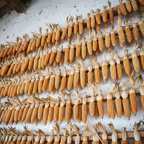 Drying corn after harvesting. Corn drying conventional. Beautiful Ripe yellow corn on dry husk Rural farm natural organic concept