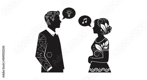 a couple engaged in conversation with musical and creative thought bubbles silhouette