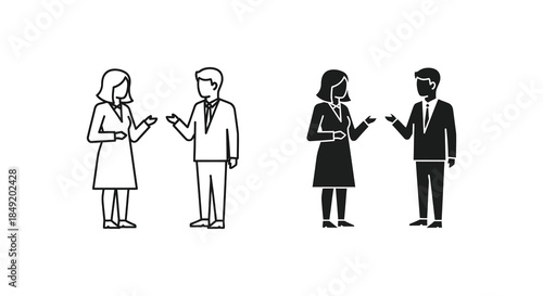 Four people in business attire are depicted in both outlined and solid black silhouette