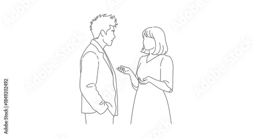 A simple line drawing depicts a man and woman engaged in conversation a striking silhouette