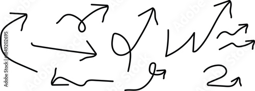 Arrow drawn hand vector line icon set. Hand drawn brush chalk stroke arrow curve, thin pencil scribble shape with vintage charcoal crayon texture. Doodle up down arrow symbol. Vector illustration