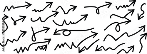 Hand-drawn doodle arrows in various curved, wavy, and looped styles. Chalk, sketch-style navy arrows perfect for directions, infographics, presentations,