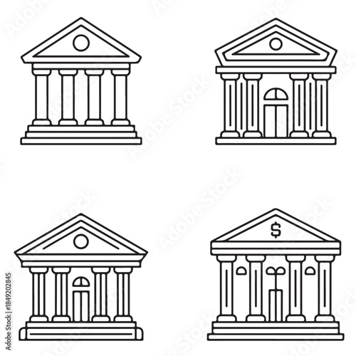 Bank Building Line Icon Set – Financial Institution Vector