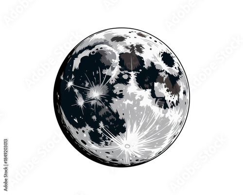 Detailed Illustration of a Full Moon celestial night sky isolated on a transparent background