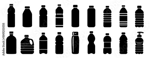 Plastic bottle icons set in black and white flat style. Various drink containers collection. Isolated on transparent background.