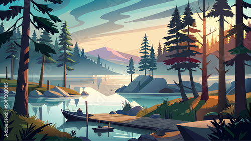 Very beautiful view through pine trees of a northern Wisconsin lake, with morning fog, quiet docks, small boats, and a tranquil atmosphere of untouched wilderness and still water.