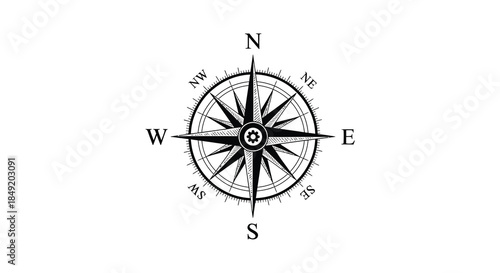 Detailed nautical compass rose illustration showing cardinal directions a classic navigational tool silhouette