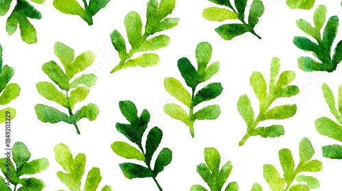 Watercolor Leaf Pattern - Vibrant Green Foliage on White Background, Botanical Illustration.