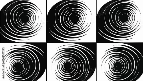 Geometric black and white abstract design with swirling patterns