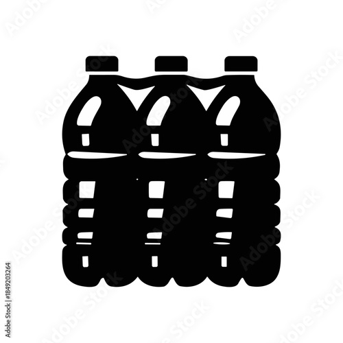 Plastic water bottle pack icon in black and white flat style. Beverage container group. Isolated on transparent background.