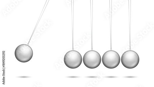 Fototapeta Naklejka Na Ścianę i Meble -  Newton’s Cradle with Chrome Metal Balls – Realistic Silver Gray Spheres and White Pearl Pendulum Set, Physics Balance and Motion Concept 3D Vector Illustration