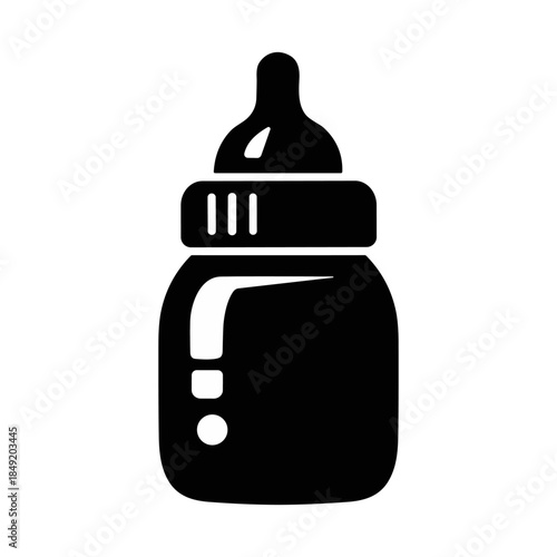 Baby milk bottle icon in black and white flat style. Infant feeding symbol. Isolated on transparent background.