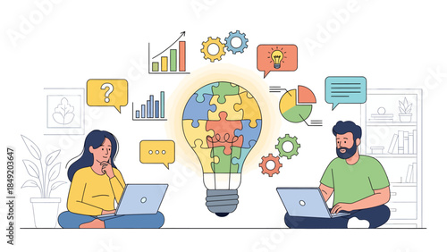 Man and Woman Working on Laptops Together.