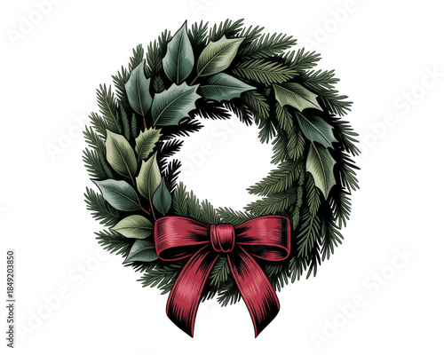 Elegant Christmas Wreath with Red Bow and Holly holiday isolated on a transparent background
