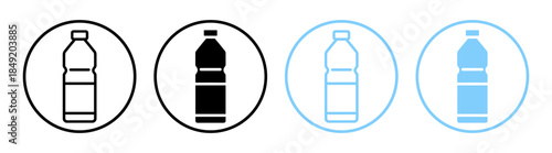 Bottle water icons set in flat, filled and outline style. Editable vector pack with black, white and blue bottles. Isolated on transparent background.