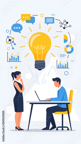 Man Working on Laptop with Creative Ideas.