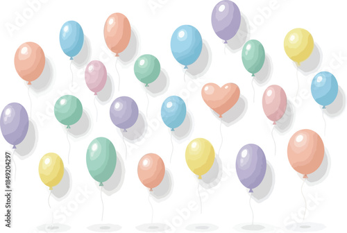 Pastel Colored Balloons Floating on White Background with Soft Shadows.