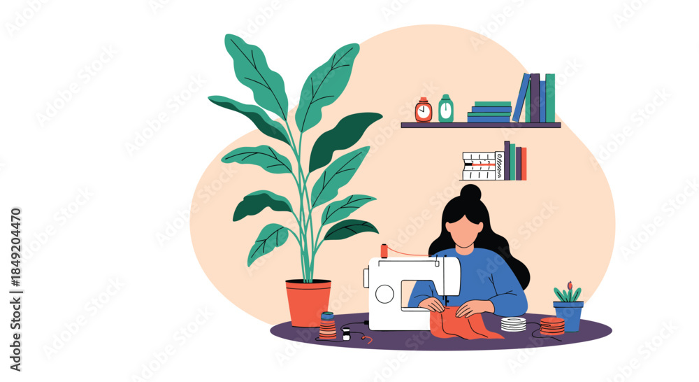 Fototapeta premium A woman with long dark hair is using a sewing machine at a desk with spools of thread and a large houseplant beside her.