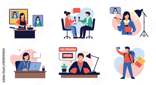 A collection of diverse blogger and vlogger characters including a chef reporter makeup artist and a professional boxer.