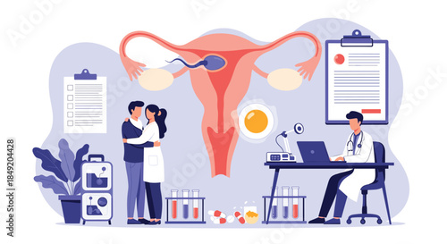 A medical concept of in-vitro fertilization showing a doctor with a couple and a diagram of the female reproductive system.