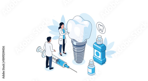 An isometric concept of dental implantation surgery with two dentists examining a large tooth implant with medical equipment.