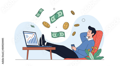 A relaxed young man makes a passive income online from successful stock market investments shown on his laptop computer screen.