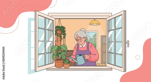 A happy senior woman is seen through an open window watering her beautiful collection of indoor plants in her cozy home.