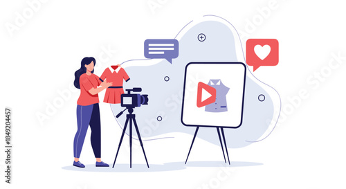 A female fashion vlogger is recording a new video for her social media channel about clothing with a professional camera.