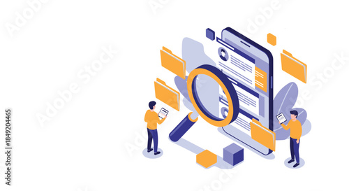 Two people use mobile devices to search for information and manage digital files and folders with a large magnifying glass.