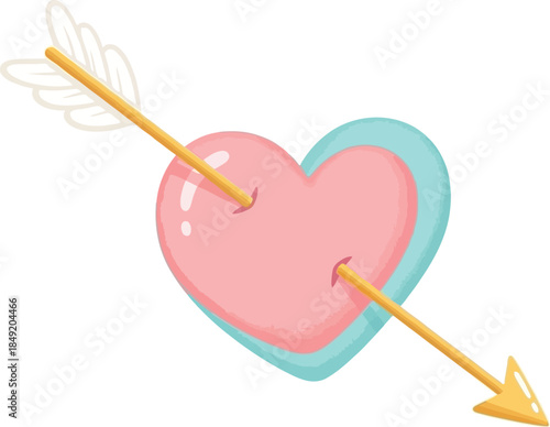 Romantic Heart Pierced by Golden Cupid's Arrow of Love.