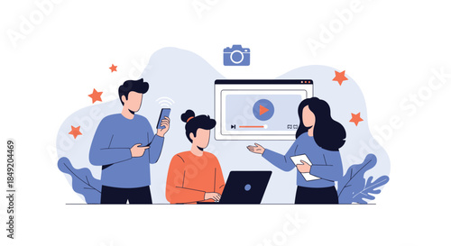 A creative team collaborates on producing video content for a website using a laptop and smartphone for a new project.