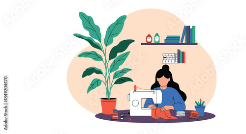 A woman with long dark hair is using a sewing machine at a desk with spools of thread and a large houseplant beside her.