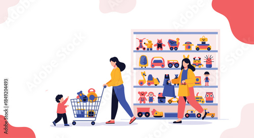 A mother and her young son are shopping for toys in a store putting a new toy car into their shopping cart together.