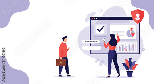 A woman uses her phone for secure online access to a business dashboard with data protection and two-factor authentication.