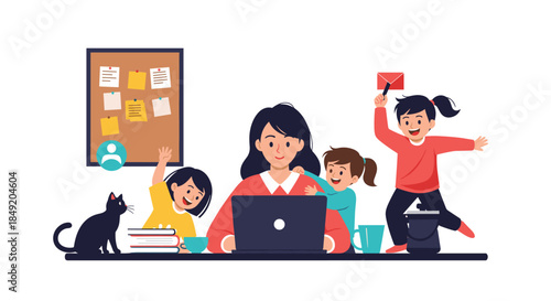A busy mother attempts to work from home on her laptop while her three energetic children play and make noise around her.