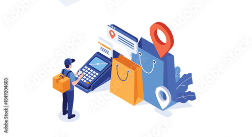 An isometric illustration of a courier with a delivery box next to shopping bags and a point of sale payment terminal.