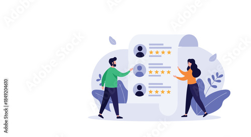 A human resources team reviews candidate profiles and customer feedback with star ratings to choose the best applicant.