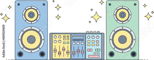 Retro Audio Sound System with Vintage Speakers and Mixer Panel.