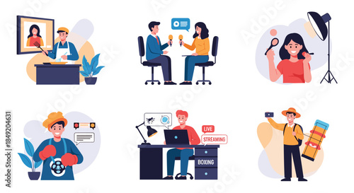 A set of diverse influencer and blogger characters including a chef reporter makeup artist gamer and a travel vlogger.