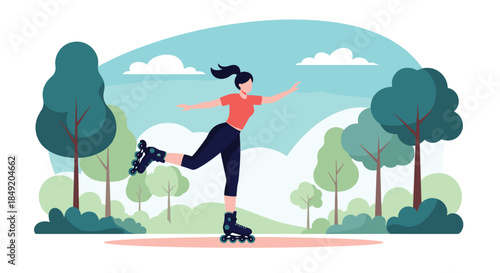 A happy young woman with a ponytail is enjoying a beautiful day by roller skating through a lush green city park.
