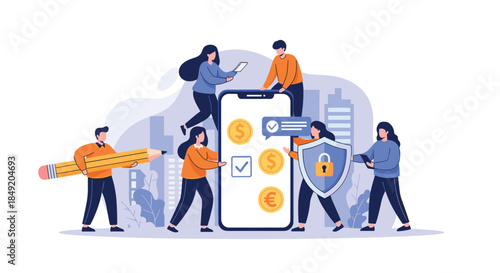 A team of people works together on a mobile payment application focusing on security and multi-currency financial transactions.