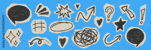 Cutout paper doodle graphics. Rough comic highlight elements. Crayon texture abstract set. Expressive sketch shapes. Textured chalk speech bubbles hearts scribbles for collage poster social media
