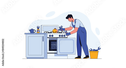 Professional handyman in uniform fixing a broken gas stove in a modern kitchen using various tools for an appliance repair service.