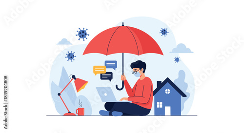 Man wearing a face mask works from home on his laptop under a protective umbrella shielding him from coronavirus during the pandemic.