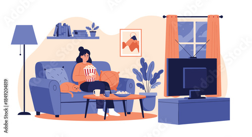 Young woman relaxing on the sofa with her cat watching a movie on television and eating popcorn in a cozy living room at night.