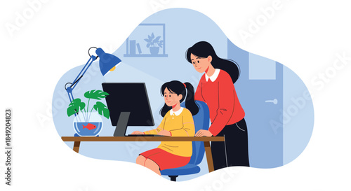 Caring mother helping her young daughter with homework and online learning on a computer at home for remote e-learning education.