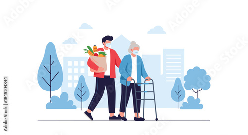 Young volunteer wearing a face mask helps a senior woman with a walker by carrying her grocery bag during the coronavirus pandemic.