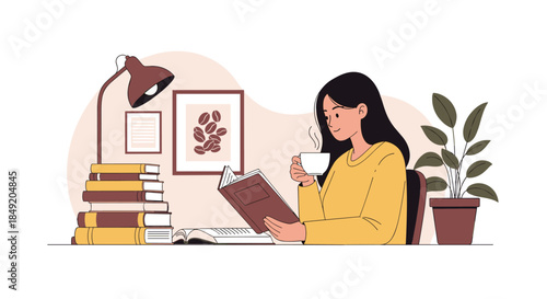 Young woman enjoys a relaxing moment reading a book and drinking hot coffee at her desk surrounded by a stack of books at home.