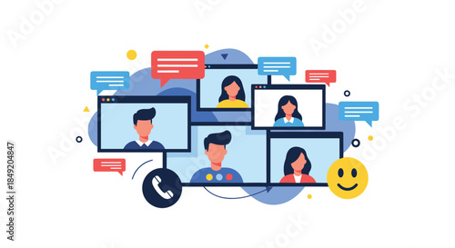 Diverse group of people on a video conference call using a communication platform for a virtual meeting or online webinar from home.